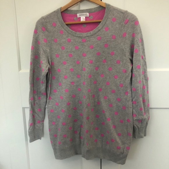 Motherhood Maternity Gray and Pink Polka Dot Crew Neck Sweater - Picture 2 of 10